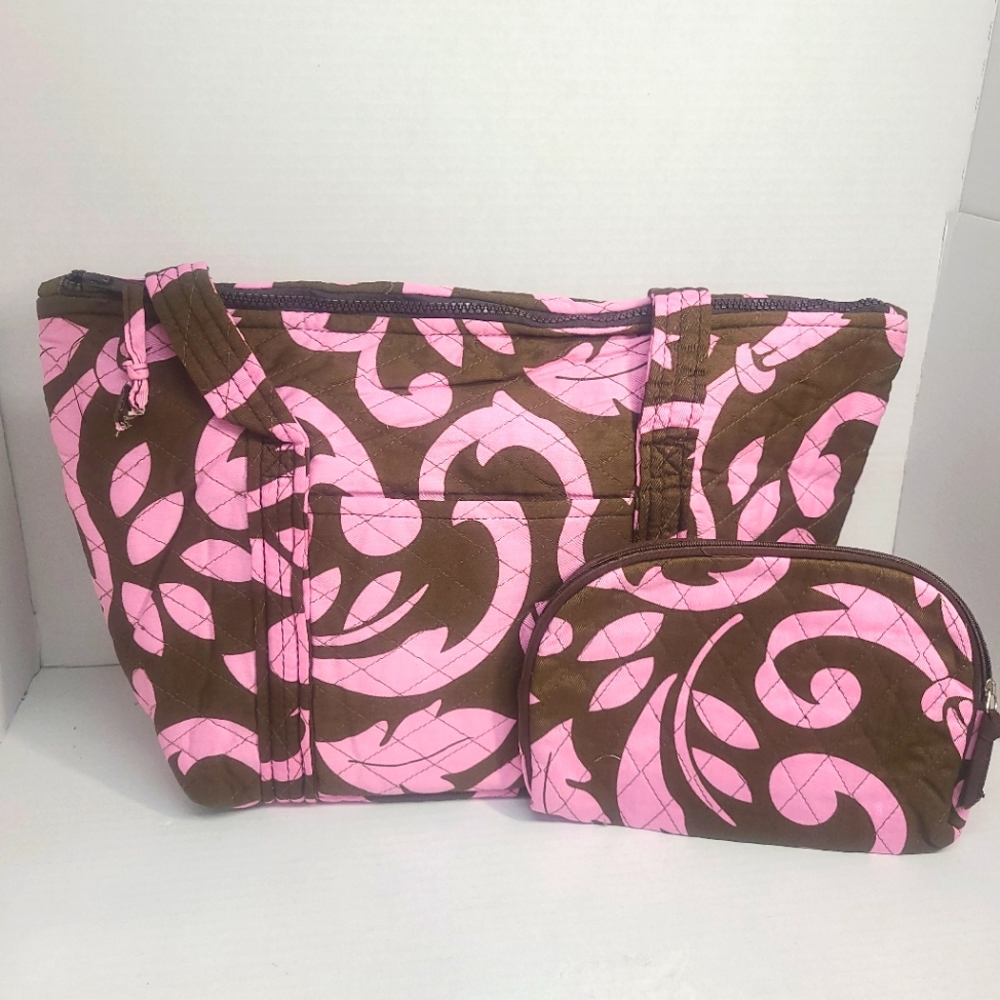 Heart Strings Brown and Pink Quilted  Bag w/ Matching coin purse, Customizable
